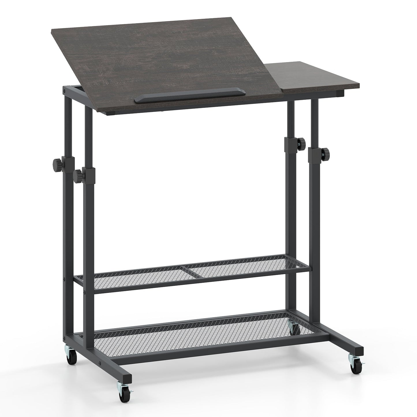 Mesa de pie móvil de altura regulable con tablero inclinable - Roble