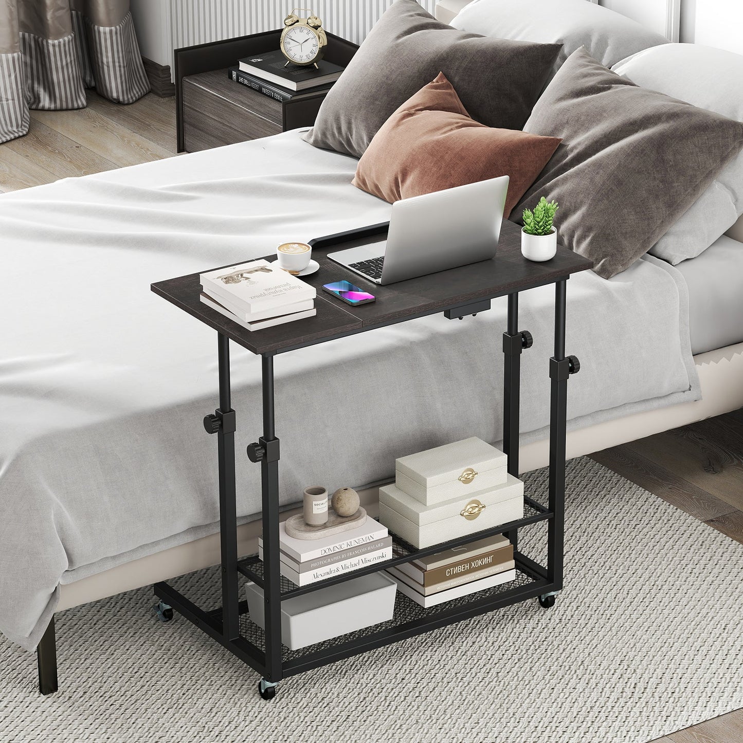 Mesa de pie móvil de altura regulable con tablero inclinable - Roble