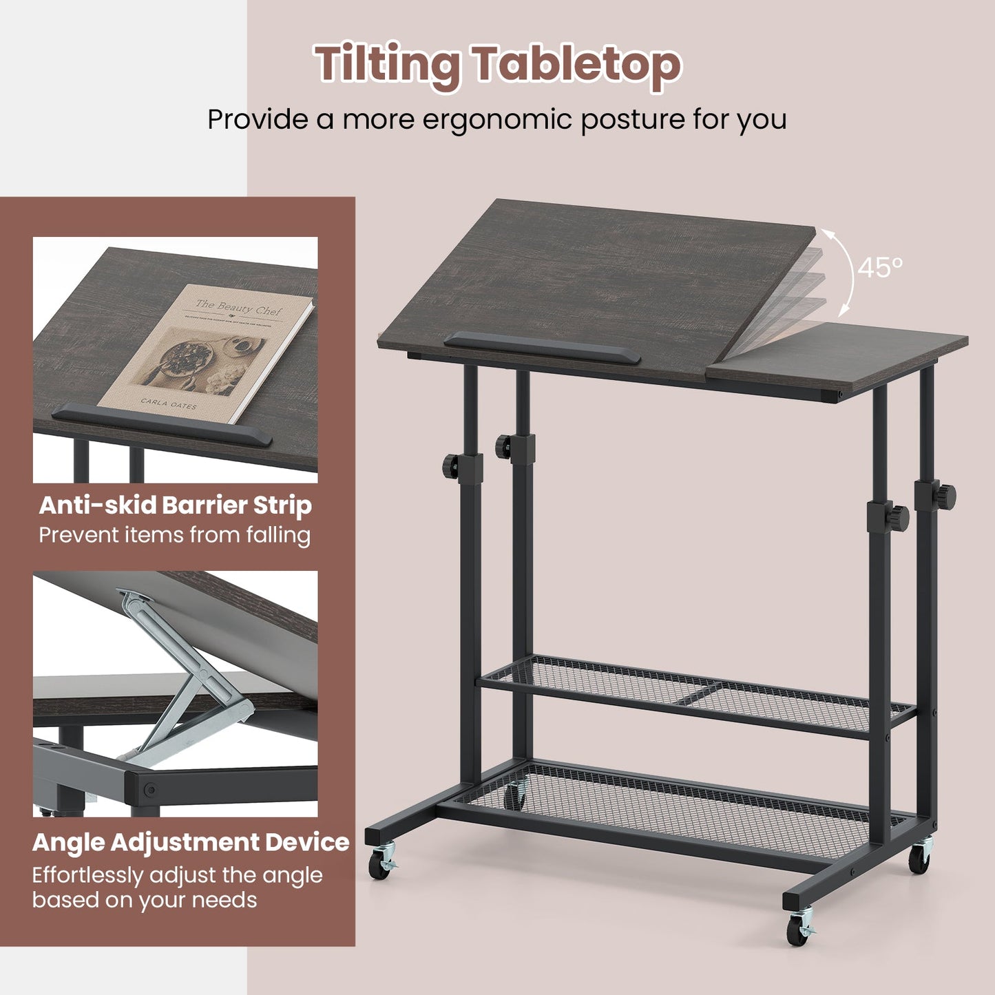 Mesa de pie móvil de altura regulable con tablero inclinable - Roble
