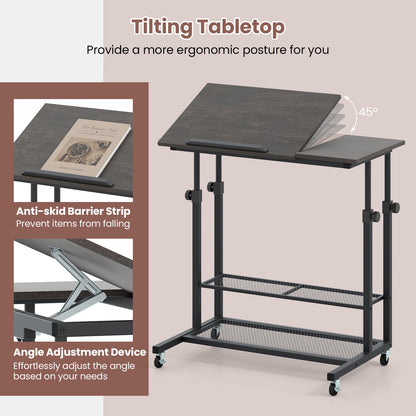 Mesa de pie móvil de altura regulable con tablero inclinable - Roble