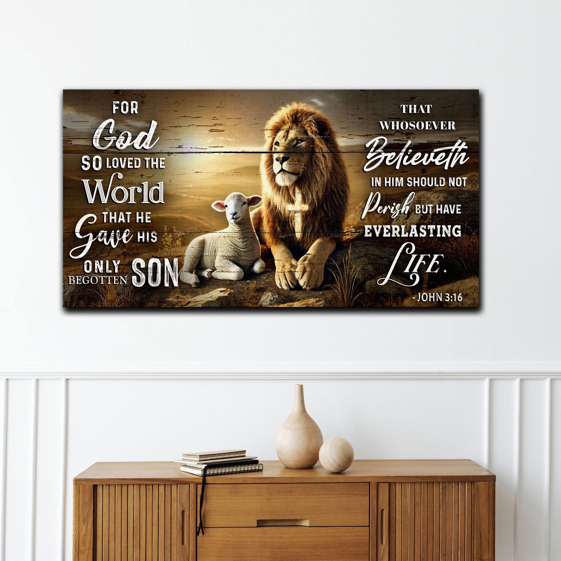 John 3:16 Faith Sign II canvas by Tailored Canvases with lion and lamb on wood backdrop on Tampa Home & Garden Store