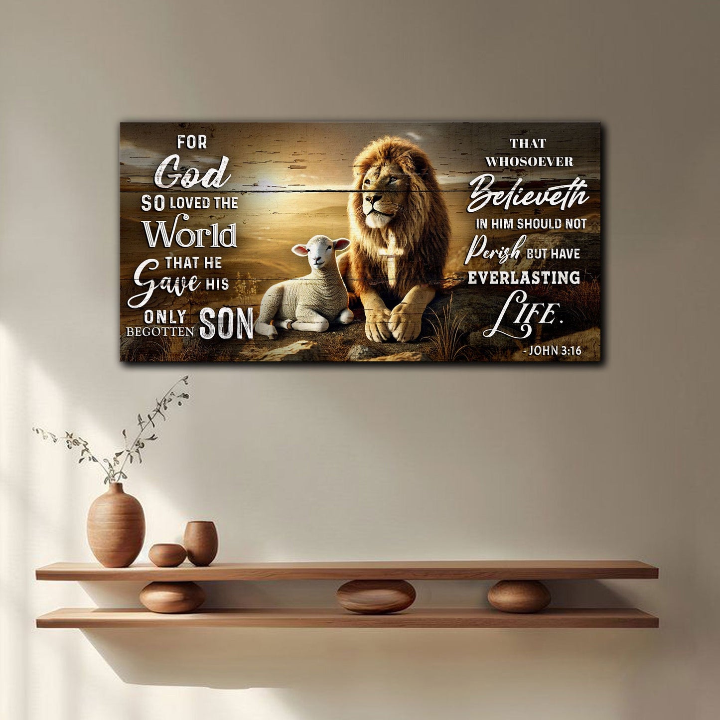 Canvas faith sign II featuring John 3:16 with lion and sheep on rustic wood background on Tampa Home & Garden Store