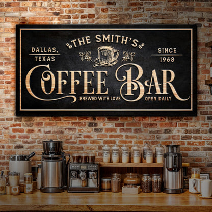 Personalized Coffee Bar Sign II canvas crafting sign with copper-tone relief text on Tampa Home & Garden Store