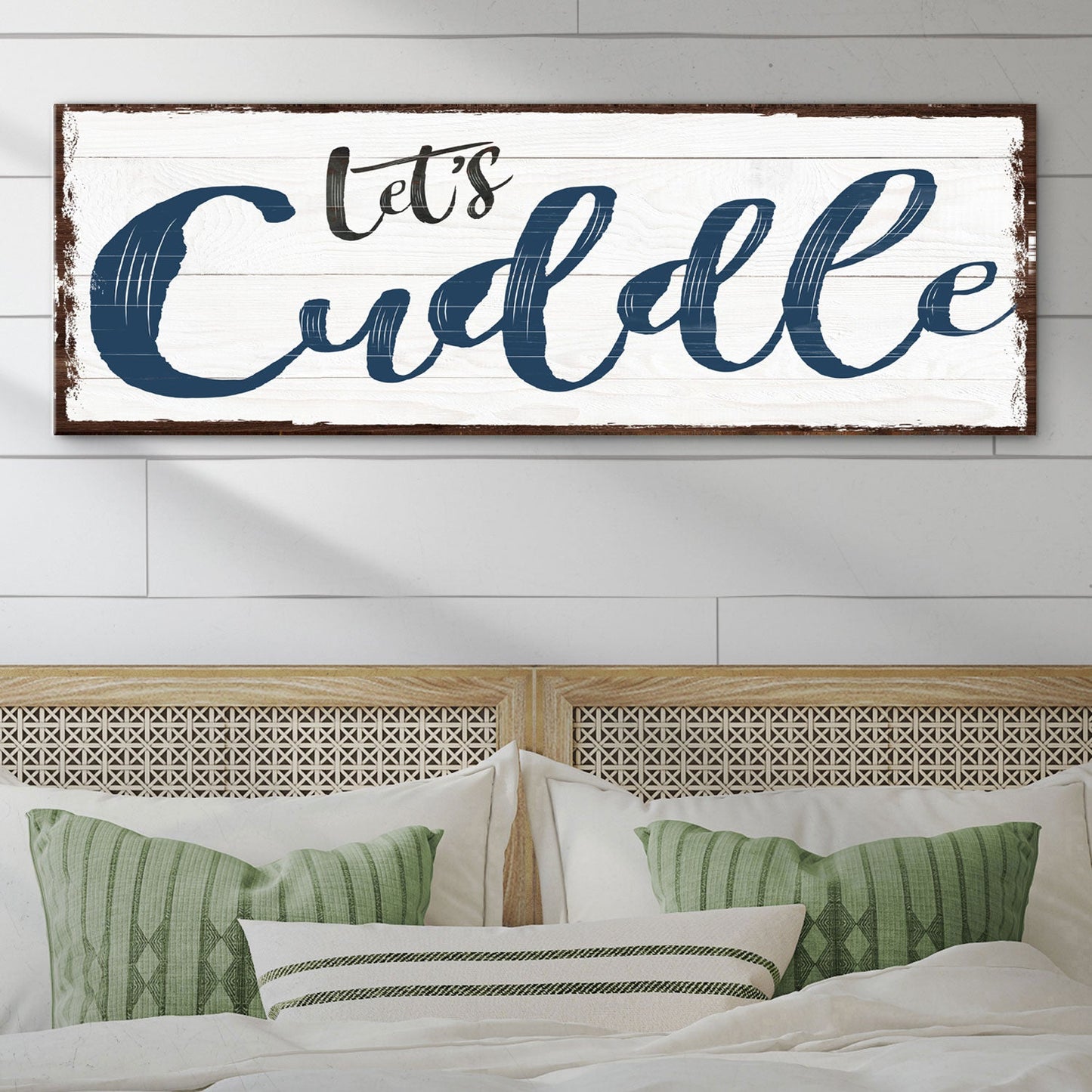 Let's Cuddle Sign II canvas by Tailored Canvases, whitewashed wood panel with navy script on Tampa Home & Garden Store