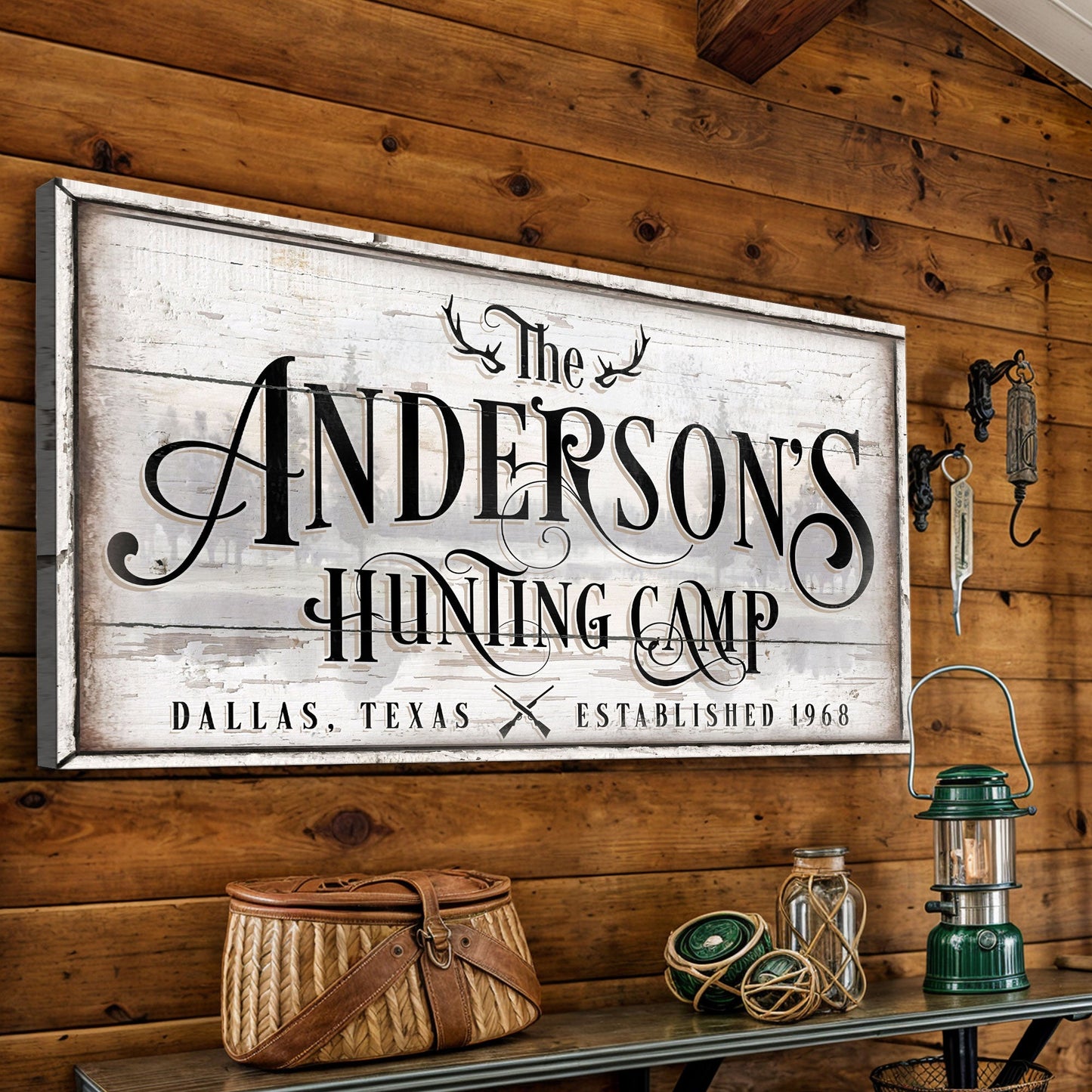 Family Hunting Camp Sign II canvas by Tailored Canvases; white panel with black text on Tampa Home & Garden Store