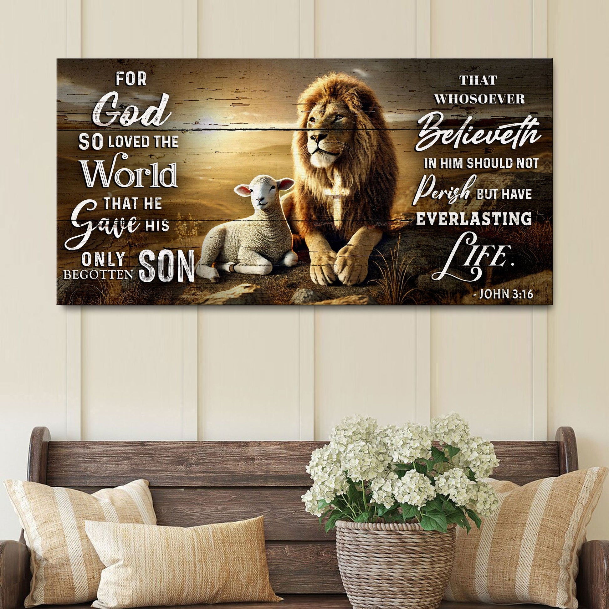 Canvas John 3:16 Faith Sign II by Tailored Canvases, rustic wood backdrop with lion on Tampa Home & Garden Store