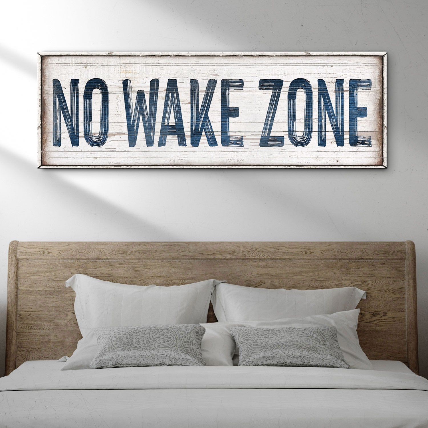 No Wake Zone Sign XVIII canvas, distressed whitewashed wood look, Tailored Canvases on Tampa Home & Garden Store