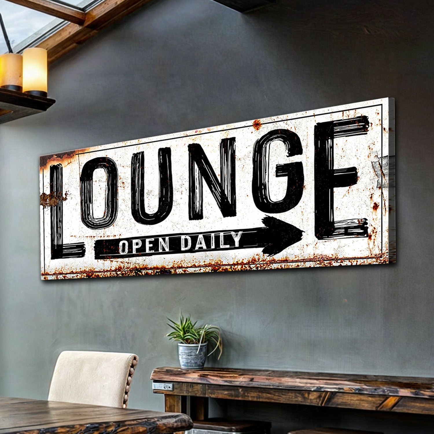 Open Daily Lounge Rustic Sign canvas wall art Tailored Canvases on Tampa Home & Garden Store