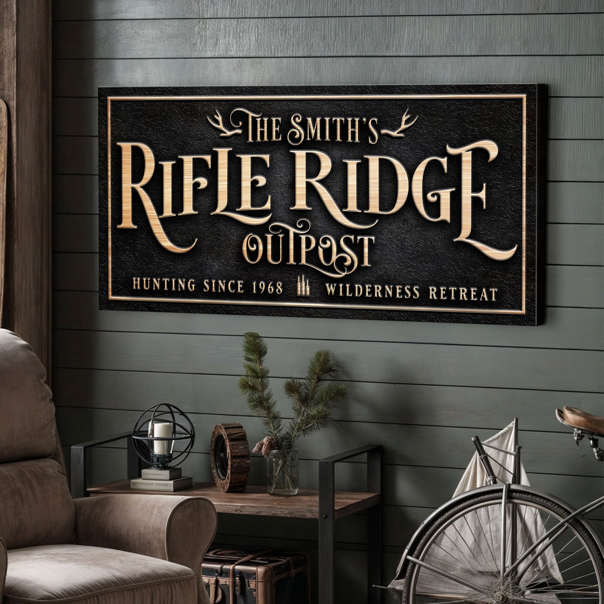 Rifle Ridge Outpost Family Sign with copper lettering and antler accents on Tampa Home & Garden Store