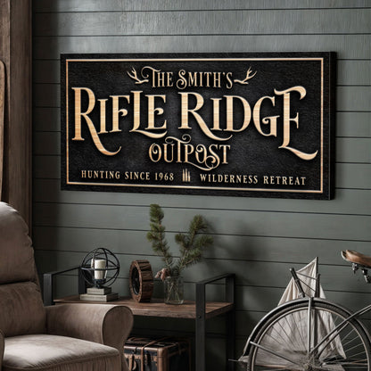Rifle Ridge Outpost Family Sign with copper lettering and antler accents on Tampa Home & Garden Store