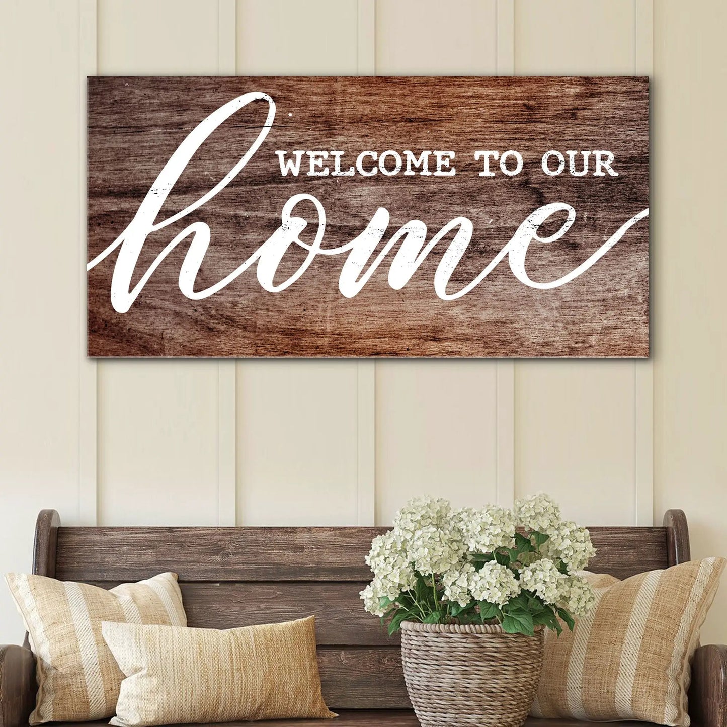 Welcome To Our Home canvas sign with wood grain finish by Tailored Canvases Crafting Canvas on Tampa Home & Garden Store