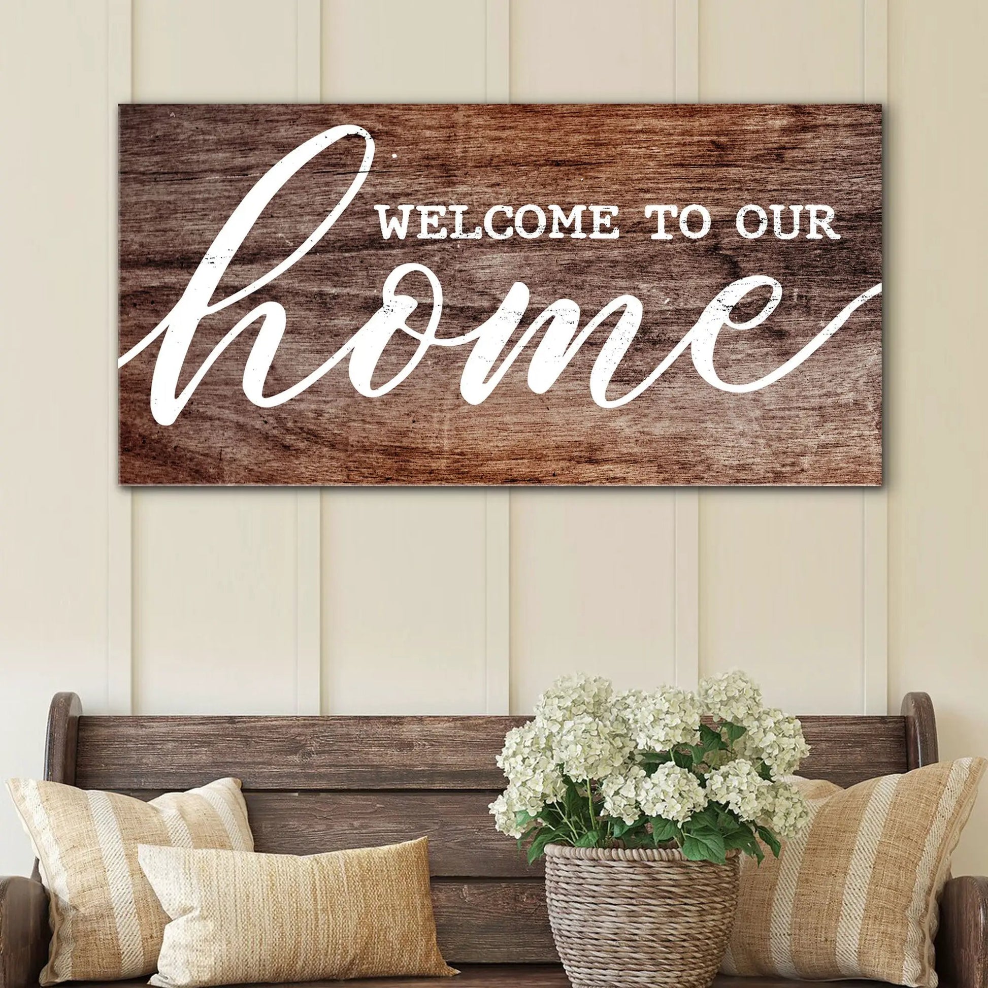 Welcome To Our Home canvas sign with wood grain finish by Tailored Canvases Crafting Canvas on Tampa Home & Garden Store