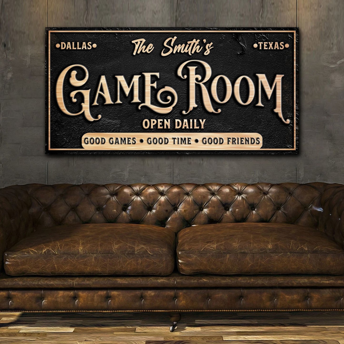 Personalized Game Room Sign canvas with copper-gold lettering on black surface and copper frame on Tampa Home & Garden Store