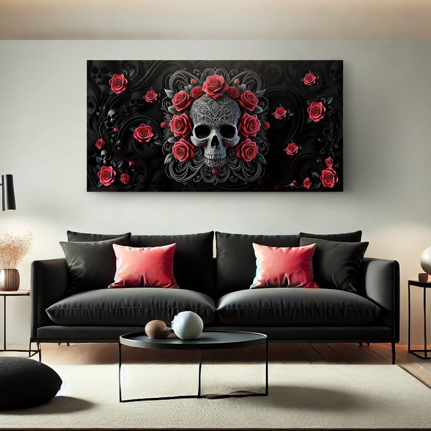 3D Vintage Skull Wall Art II canvas by Tailored Canvases with ornate skull and red roses on Tampa Home & Garden Store