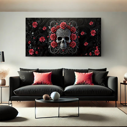3D Vintage Skull Wall Art II canvas by Tailored Canvases with ornate skull and red roses on Tampa Home & Garden Store