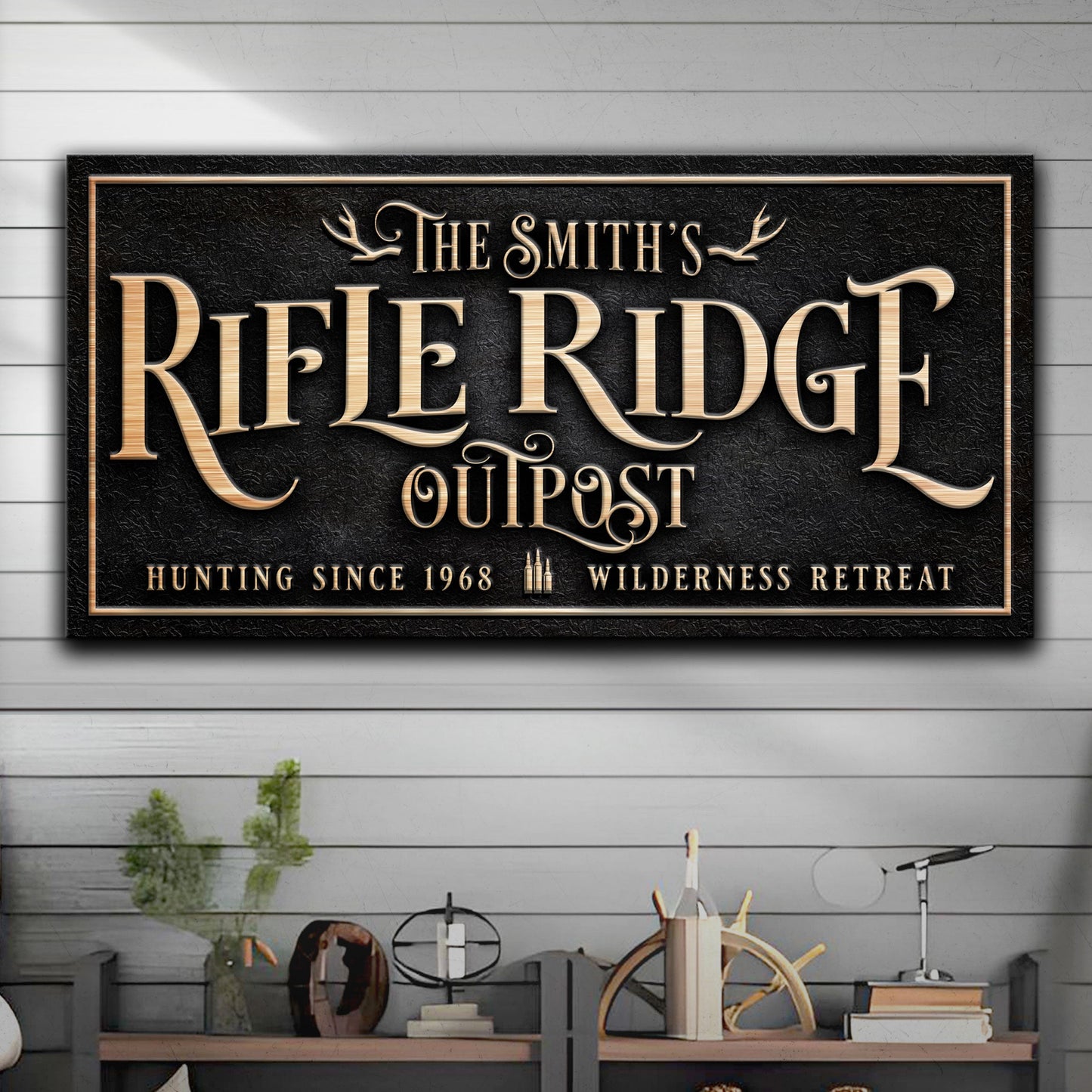Rifle Ridge Outpost Sign canvas with copper lettering on black background on Tampa Home & Garden Store