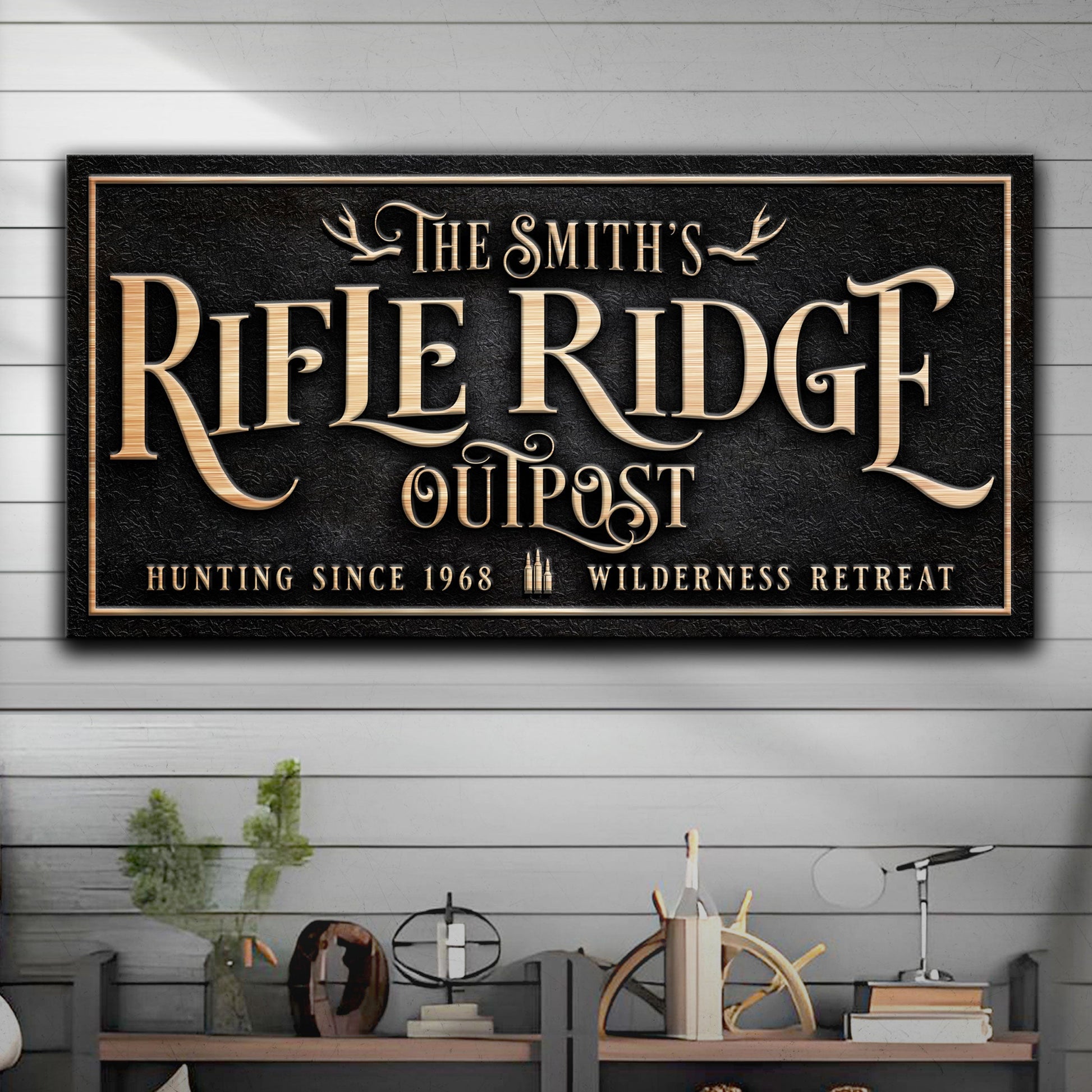 Rifle Ridge Outpost Sign canvas with copper lettering on black background on Tampa Home & Garden Store