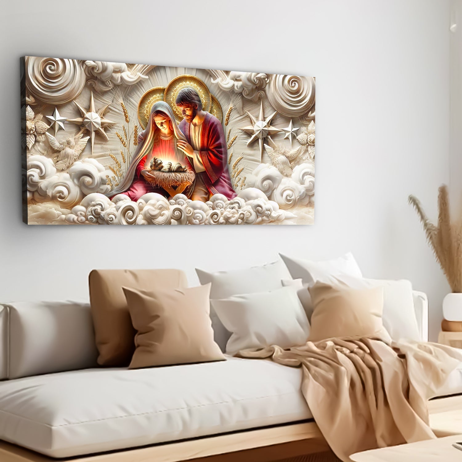 3D Faith Wall Art canvas depicting nativity with Mary, Joseph and baby Jesus around halos on Tampa Home & Garden Store