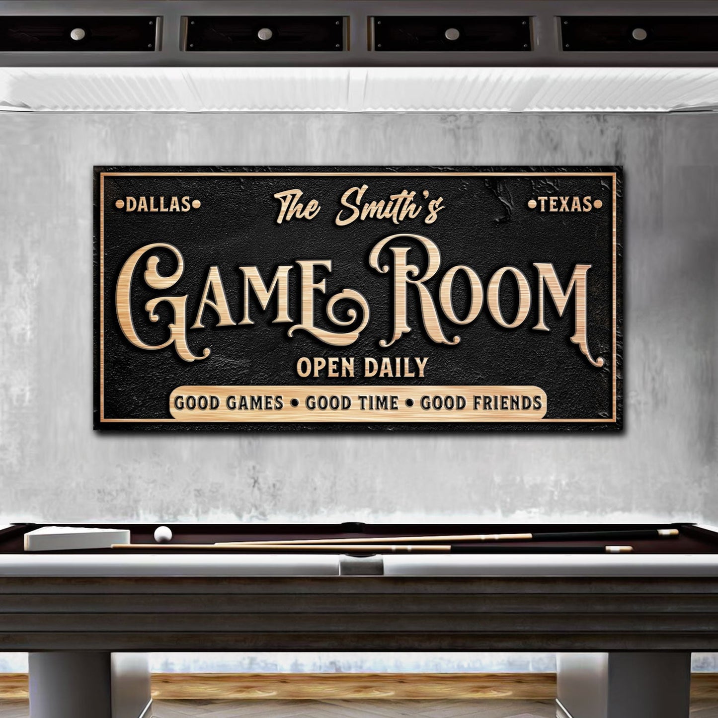 Personalized Game Room Sign canvas with copper-gold lettering on black textured background on Tampa Home & Garden Store