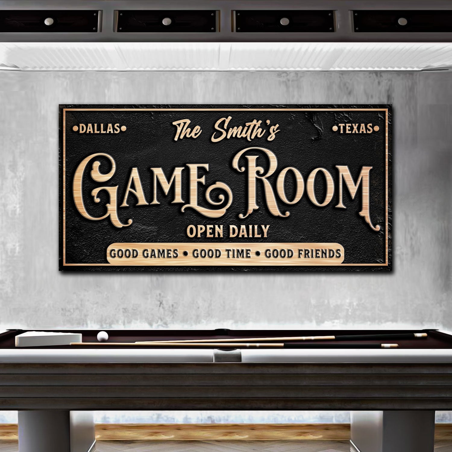 Personalized Game Room Sign canvas with copper-gold lettering on black textured background on Tampa Home & Garden Store
