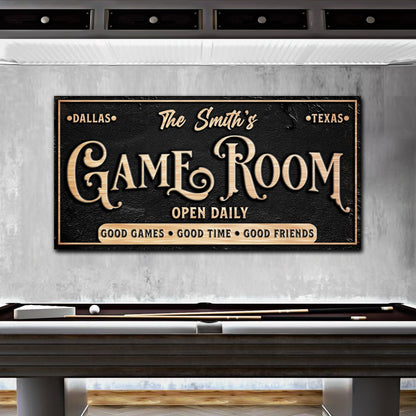 Personalized Game Room Sign canvas with copper-gold lettering on black textured background on Tampa Home & Garden Store