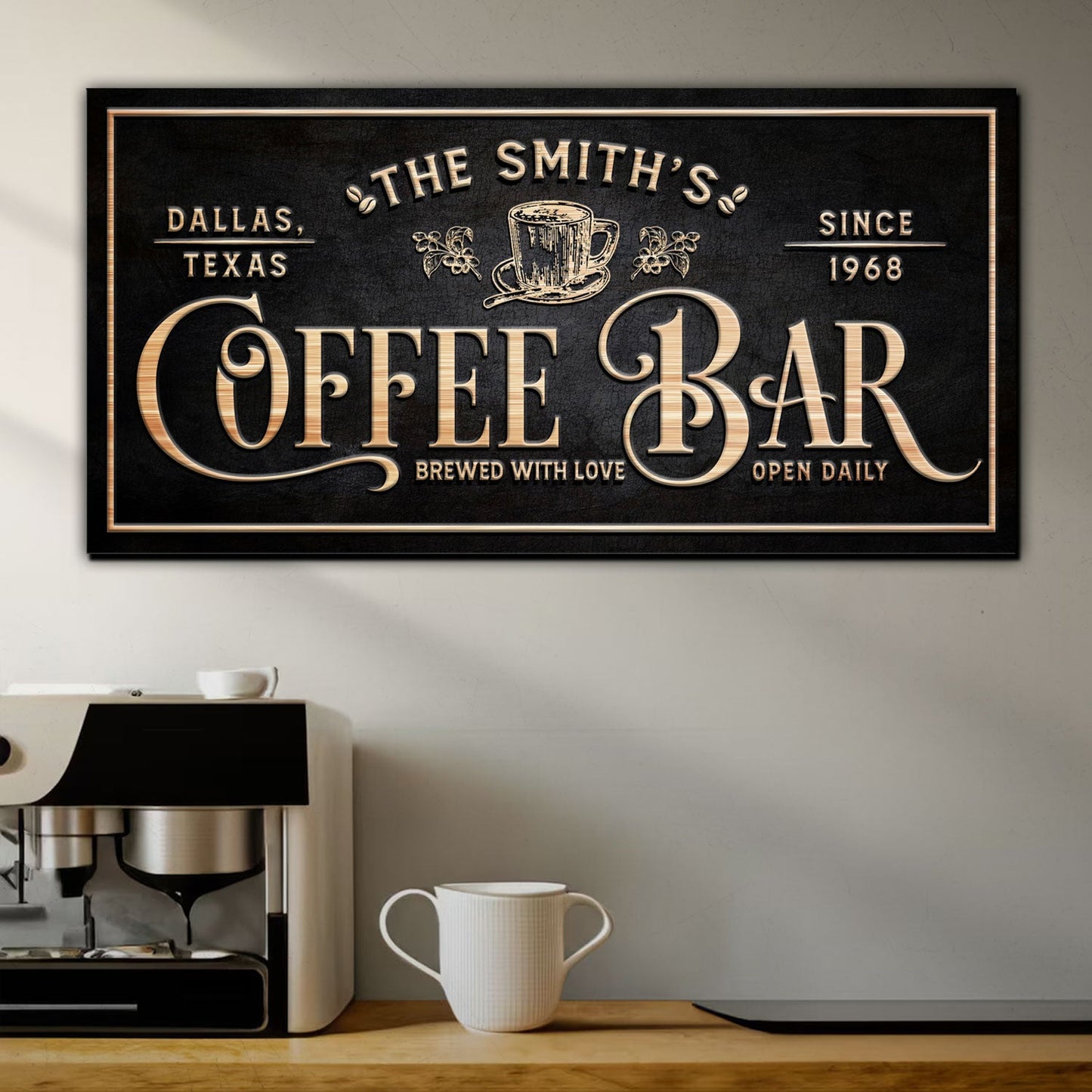Personalized Coffee Bar Sign II canvas with copper-toned vintage typography on black backdrop on Tampa Home & Garden Store