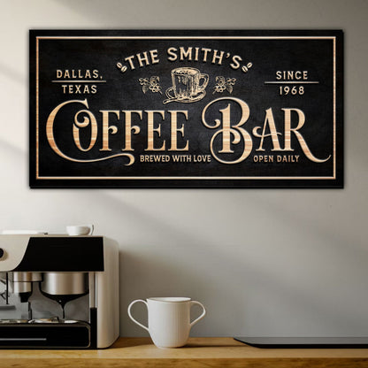 Personalized Coffee Bar Sign II canvas with copper-toned vintage typography on black backdrop on Tampa Home & Garden Store