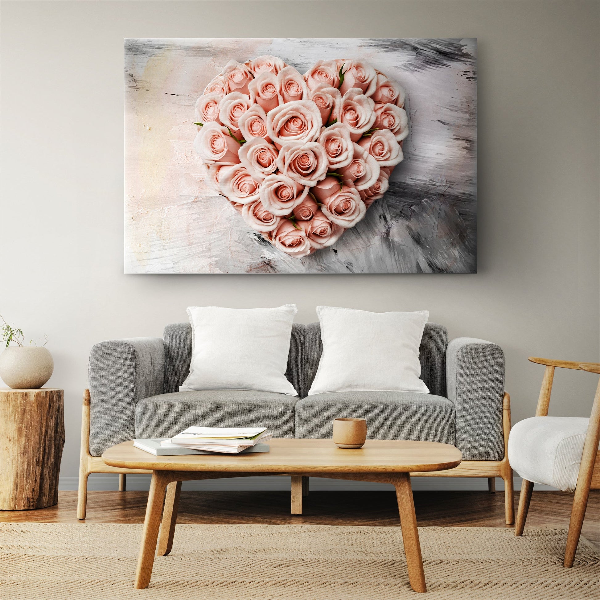 Floral Heart Wall Art II canvas pink rose heart bouquet on textured gray backdrop on Tampa Home & Garden Store