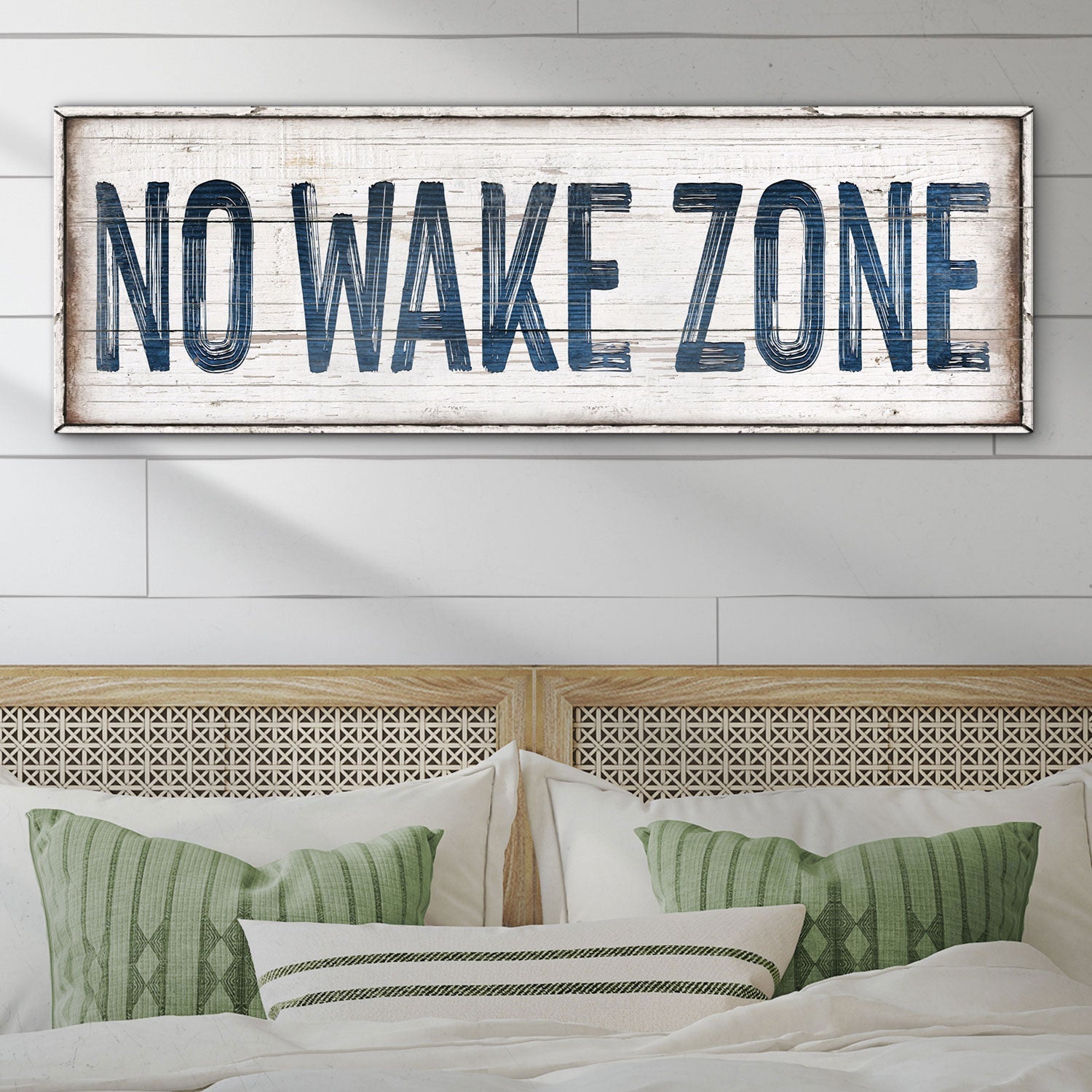 No Wake Zone XVIII canvas crafting sign by Tailored Canvases with distressed wood backdrop on Tampa Home & Garden Store