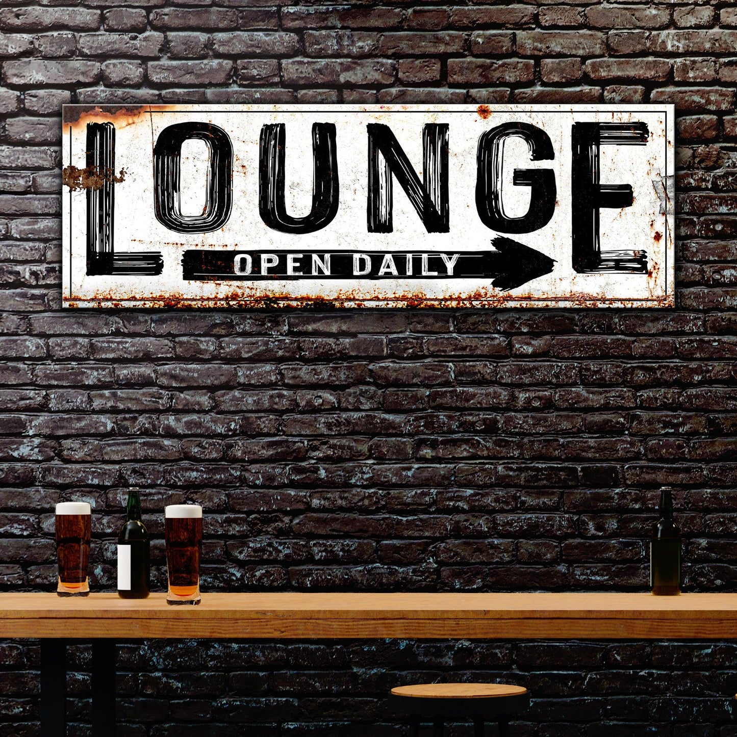 Open Daily Lounge Rustic Sign; distressed white metal with bold black lettering on Tampa Home & Garden Store