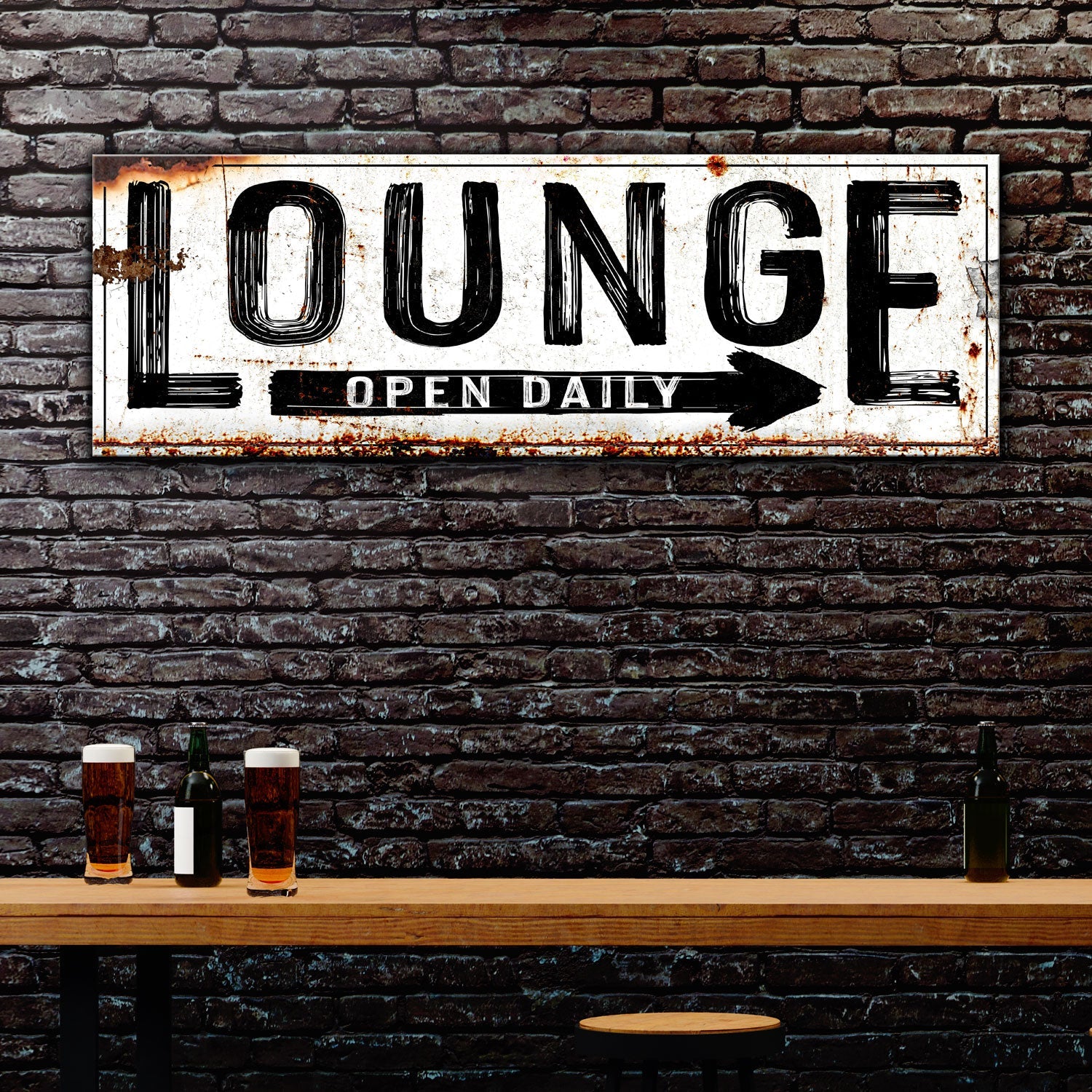 Open Daily Lounge Rustic Sign; distressed white metal with bold black lettering on Tampa Home & Garden Store
