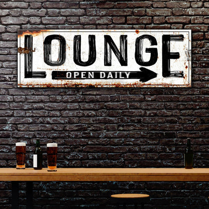 Open Daily Lounge Rustic Sign; distressed white metal with bold black lettering on Tampa Home & Garden Store