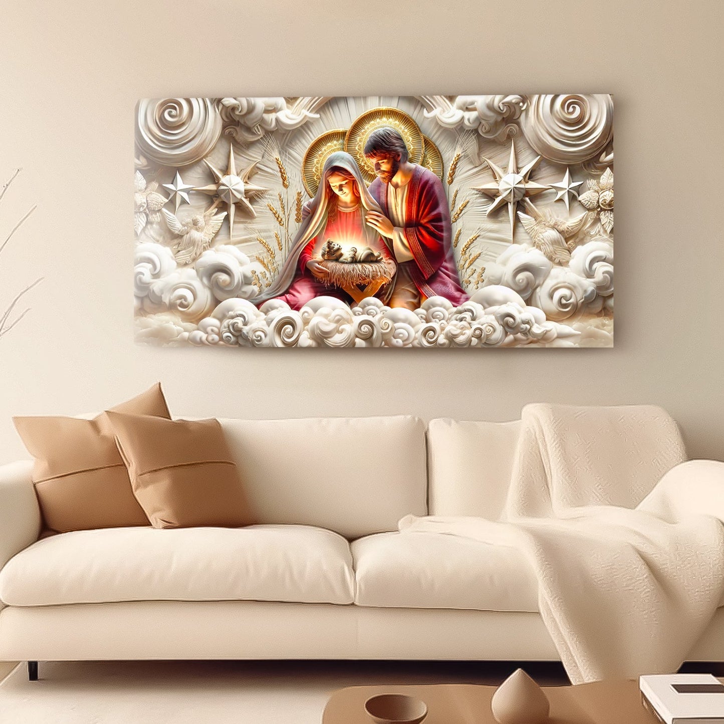 3D Faith Wall Art canvas nativity scene with halos on beige background Tailored Canvases on Tampa Home & Garden Store
