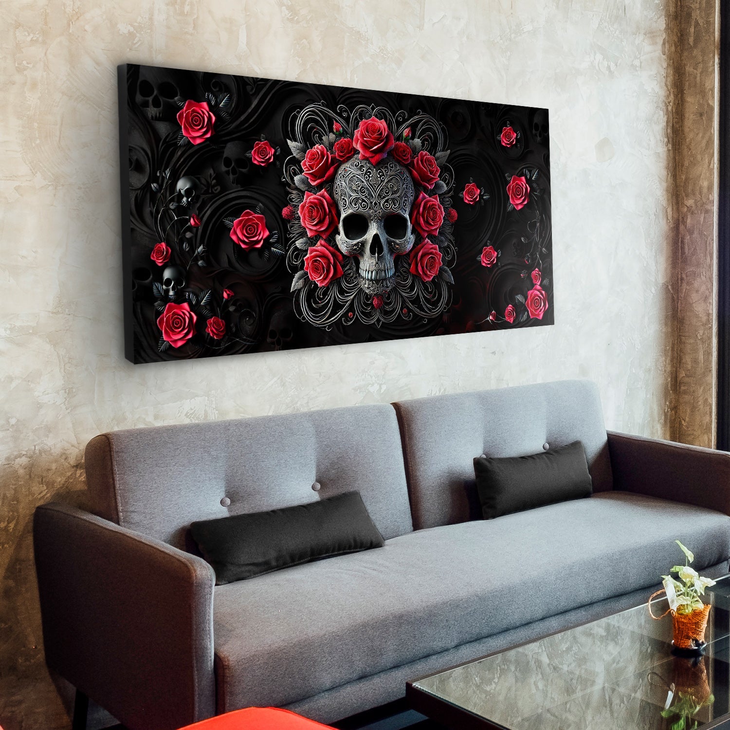3D Vintage Skull Wall Art II canvas Tailored Canvases, silver skull with red roses on black on Tampa Home & Garden Store