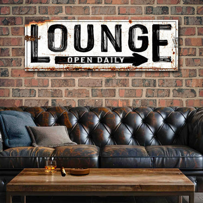 Open Daily Lounge Rustic Sign canvas wall art with distressed white panel and black letters on Tampa Home & Garden Store