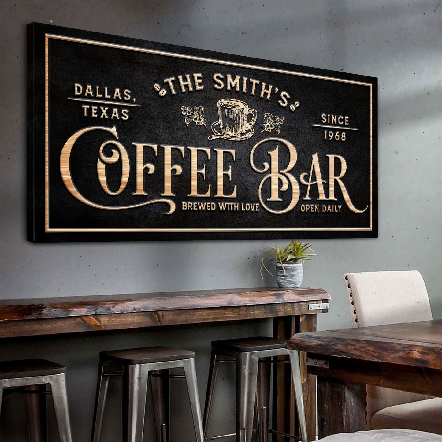 Personalized Coffee Bar Sign II canvas Tailored Canvases with copper-gold lettering on Tampa Home & Garden Store