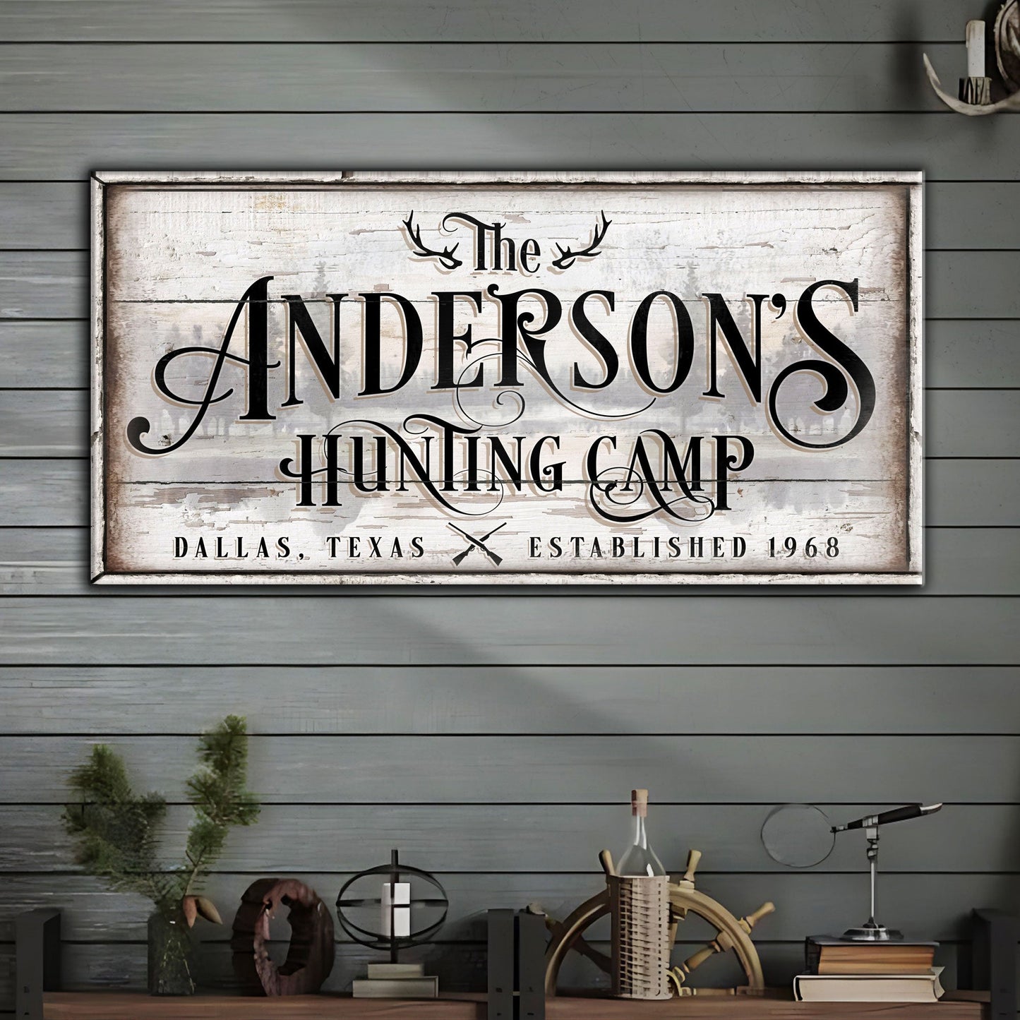 Family Hunting Camp Sign II canvas by Tailored Canvases with weathered wood background on Tampa Home & Garden Store