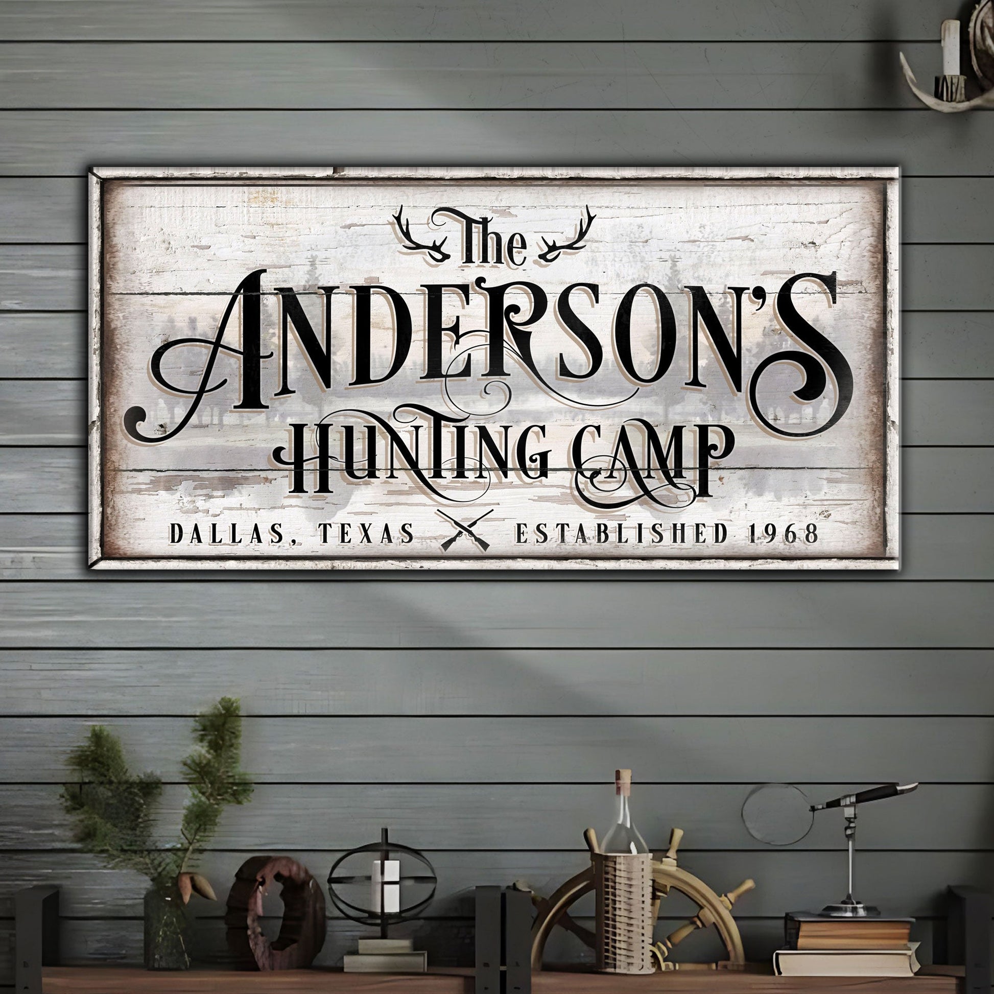 Family Hunting Camp Sign II canvas by Tailored Canvases with weathered wood background on Tampa Home & Garden Store