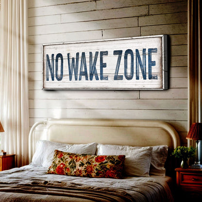 No Wake Zone XVIII Tailored Canvases canvas sign with bold blue lettering on Tampa Home & Garden Store