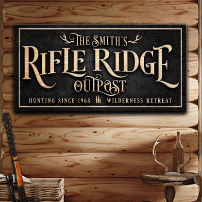 Personalized Rifle Ridge Outpost Family Sign canvas by Tailored Canvases copper-gold lettering on black textured plaque on Tampa Home & Garden Store