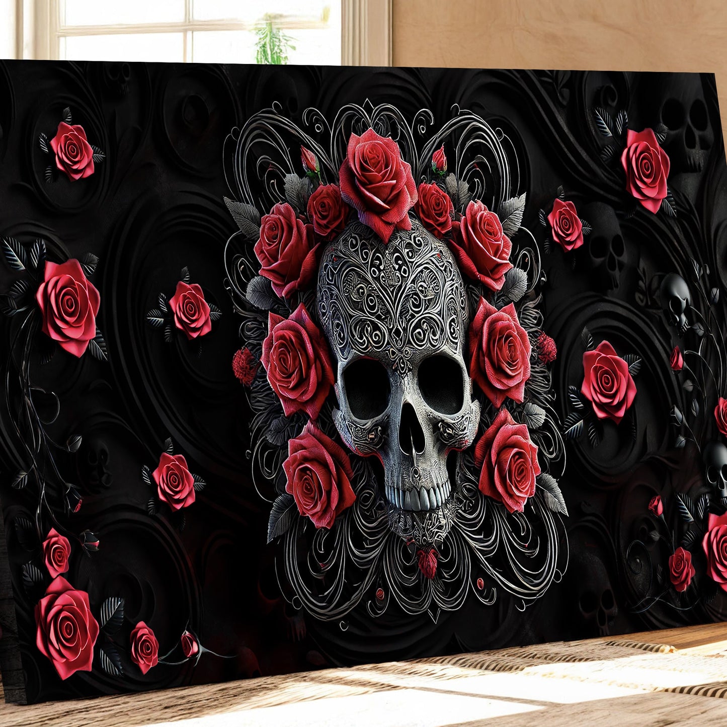 3D Vintage Skull Wall Art II canvas with silver skull and red roses Tailored Canvases on Tampa Home & Garden Store