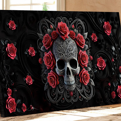 3D Vintage Skull Wall Art II canvas with silver skull and red roses Tailored Canvases on Tampa Home & Garden Store