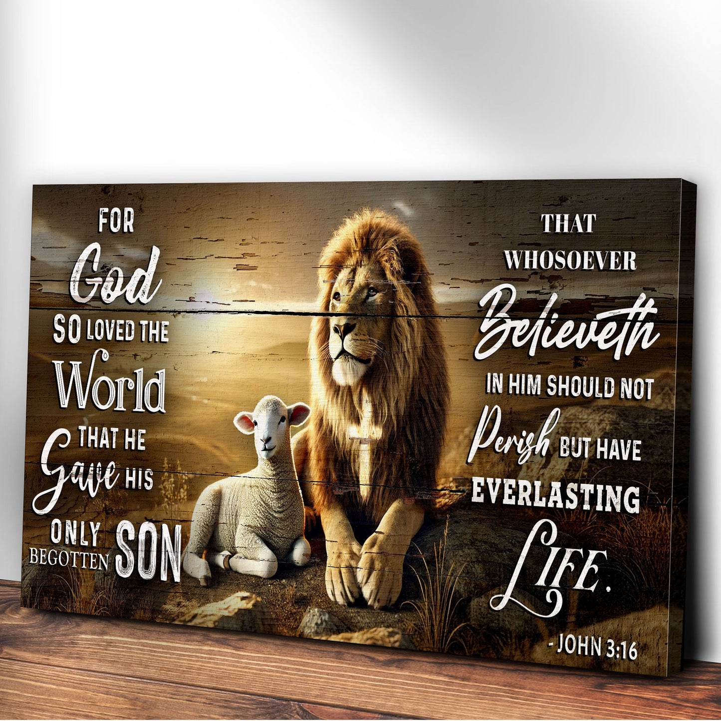 John 3:16 Faith Sign II canvas by Tailored Canvases with rustic wood and lion and sheep motif on Tampa Home & Garden Store