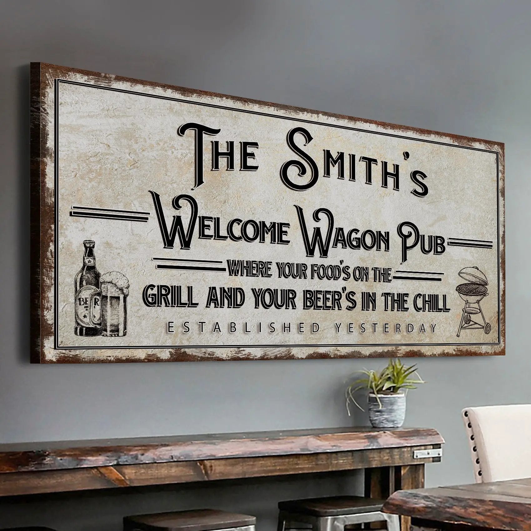 Canvas sign The Smith's Welcome Wagon Pub decor with distressed border by Tailored Canvases on Tampa Home & Garden Store