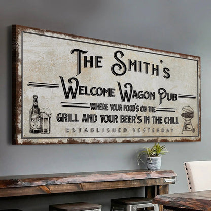 Canvas sign The Smith's Welcome Wagon Pub decor with distressed border by Tailored Canvases on Tampa Home & Garden Store