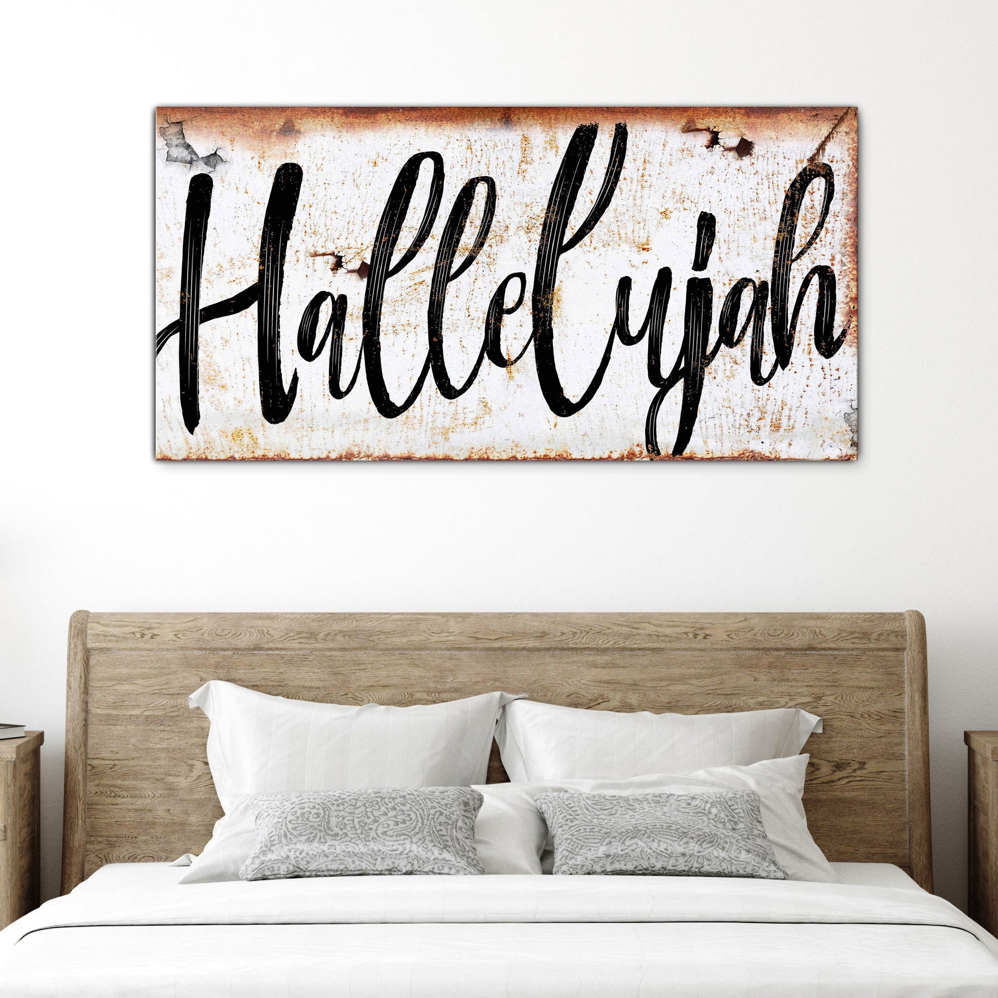 Canvas Rustic Hallelujah Faith Sign by Tailored Canvases; white backdrop with black script on Tampa Home & Garden Store