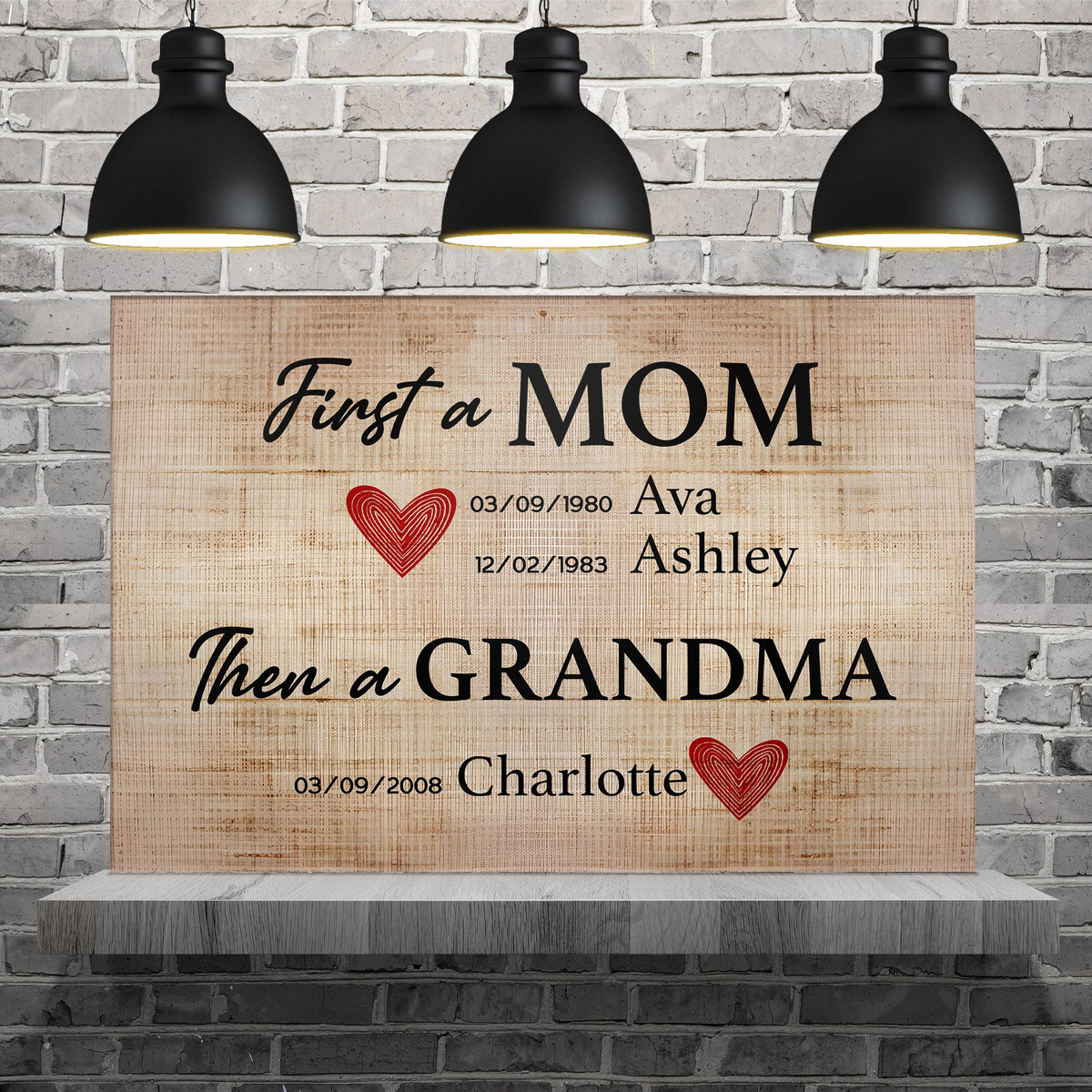 Canvas sign Mother's Day First a MOM on rustic wood panel with black text and red heart on Tampa Home & Garden Store