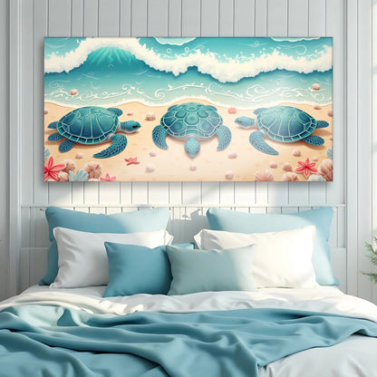 3D Coastal Wall Art II canvas by Tailored Canvases 3 teal sea turtles on sandy shore with shells on Tampa Home & Garden Store