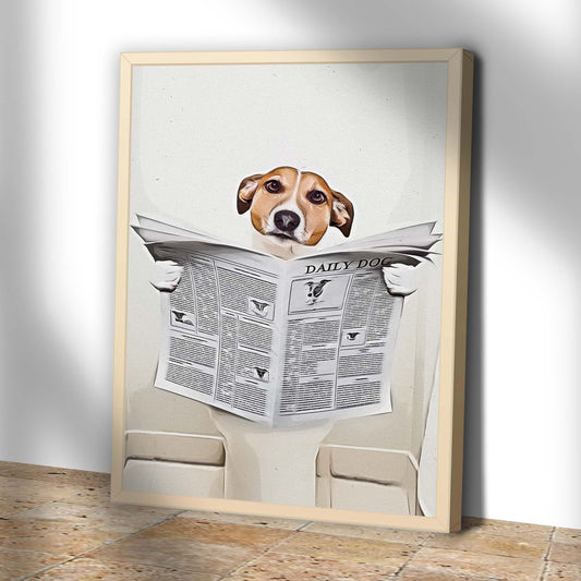 Dog Reading Newspaper Portrait Canvas Wall Art beige frame on Tampa Home & Garden Store