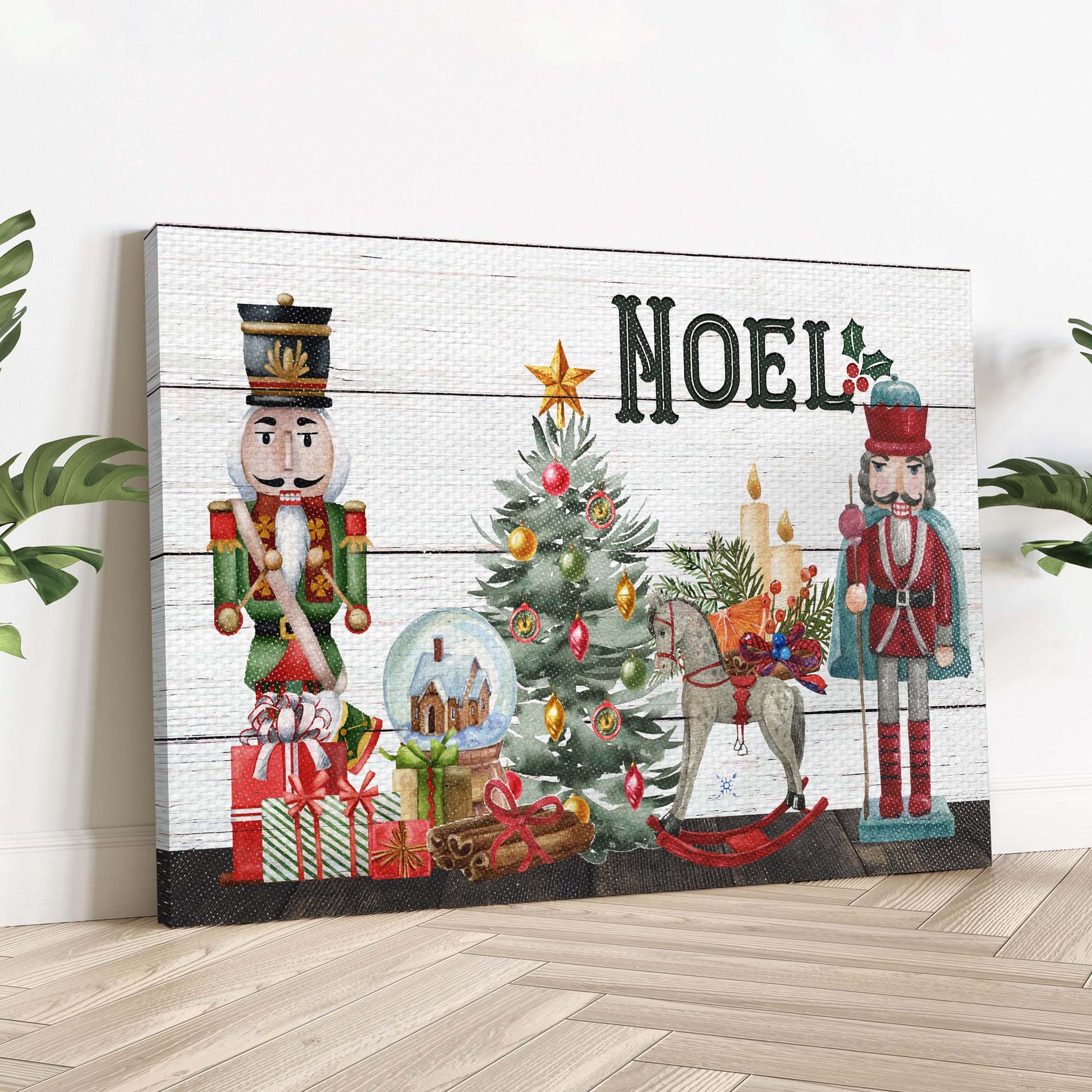 Nutcrackers Noel Sign canvas by Tailored Canvases with two nutcrackers, festive tree and gifts on Tampa Home & Garden Store